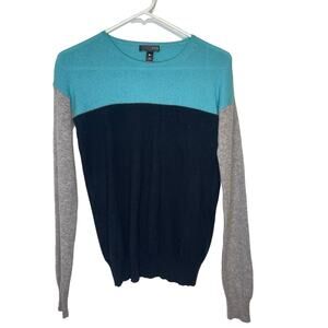 Aqua 100% Cashmere Knit Crewneck Color-Block Teal Navy Gray Sweater Size Small